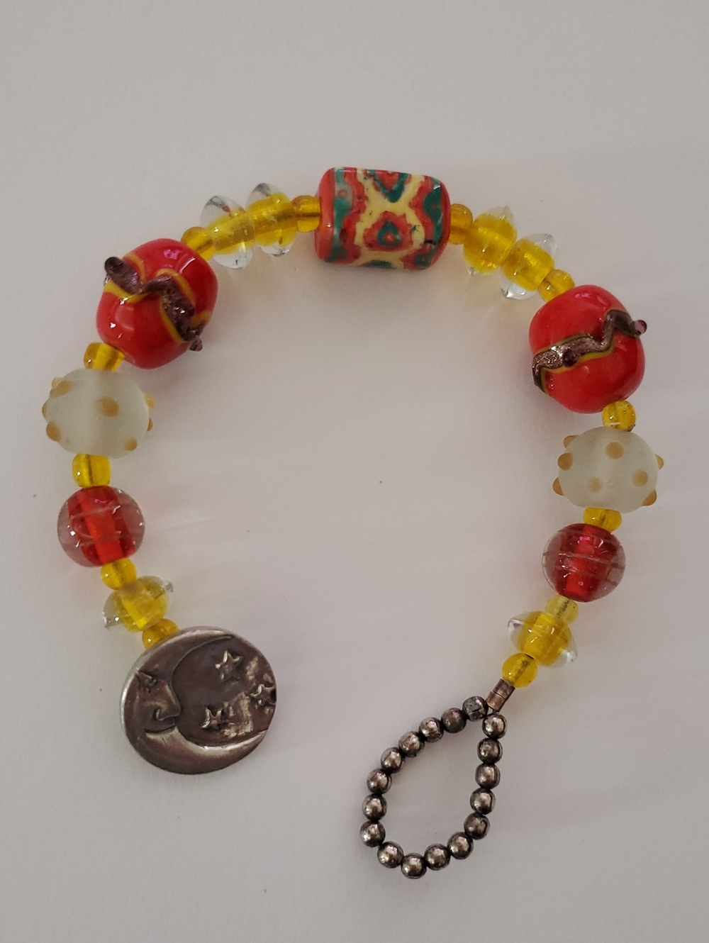 Danforth Celestral Pewter Handmade Yellow - Red Glass Bead Bracelet C1984  USA